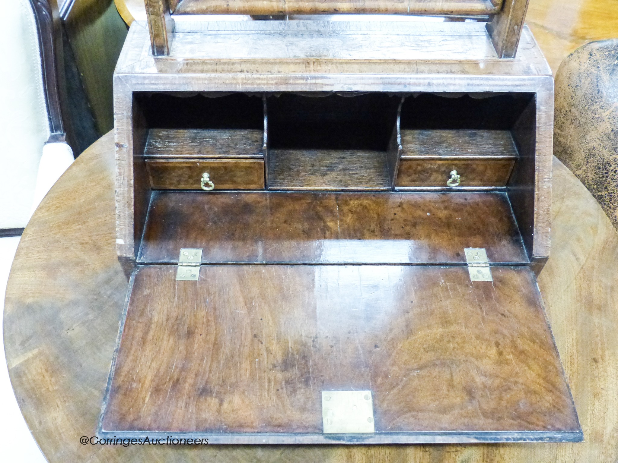 An 18th century style burr walnut toilet mirror with bureau base, width 39cm, depth 23cm, height 69cm